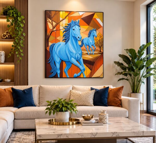 The Spirit of Freedom – Original Blue Horses Acrylic Painting on Canvas (40x40 Inches)